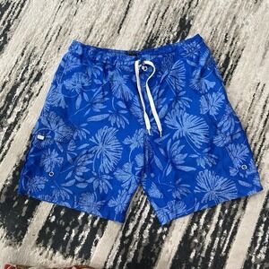 OP Men's Board Shorts Large Blue Leaves Pockets Swimwear Swim‎ Trunks 9" Inseam